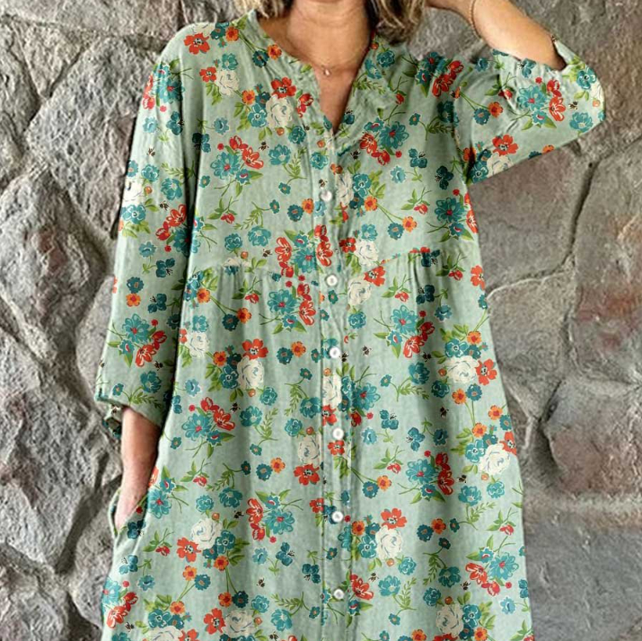 Womens Fashionable Round-Neck Long-Sleeve Printed Shirt Dress