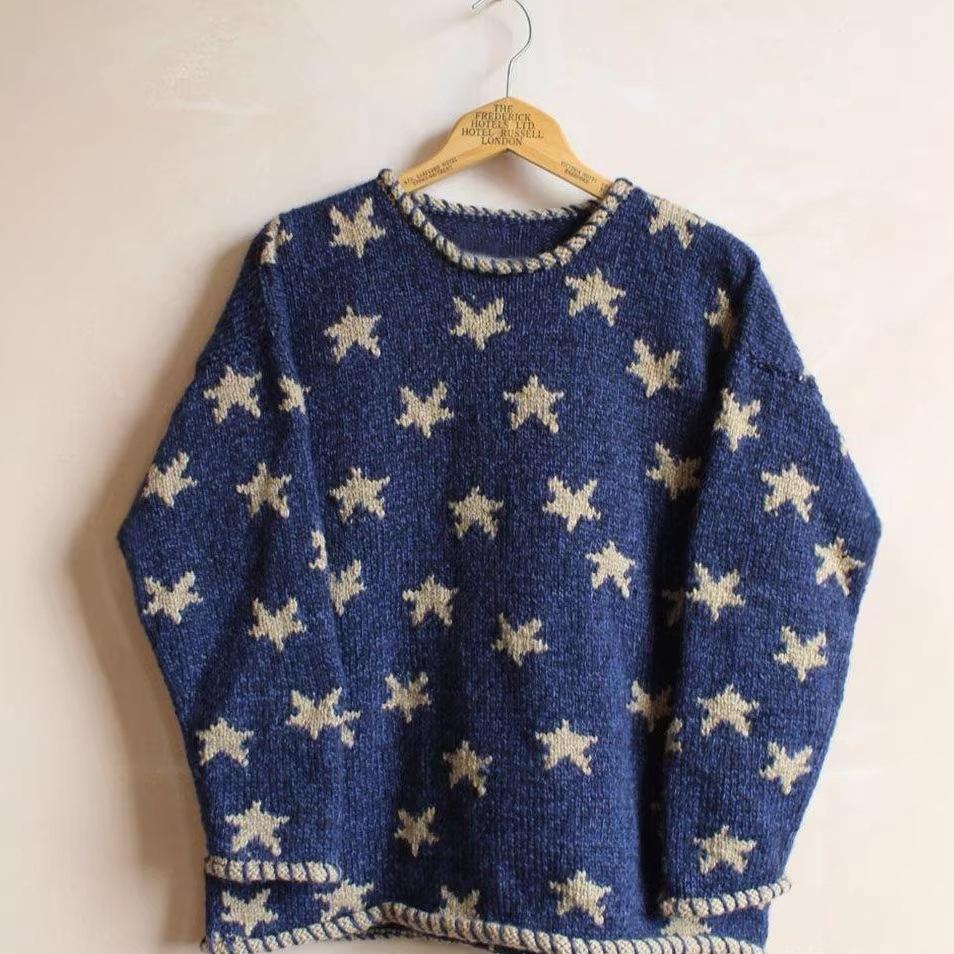 Womens Retro Star Jacquard Loose Casual Contrast-Color Sweater Top