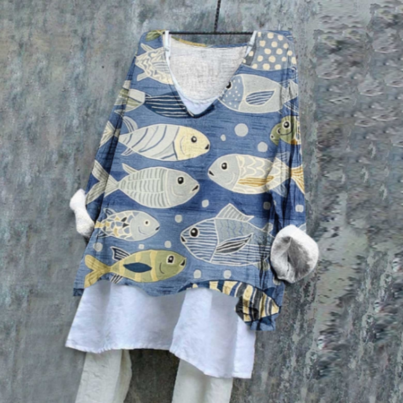 Women's Cutie Blue Fish Pattern Japanese Art Print Flowy Tunic