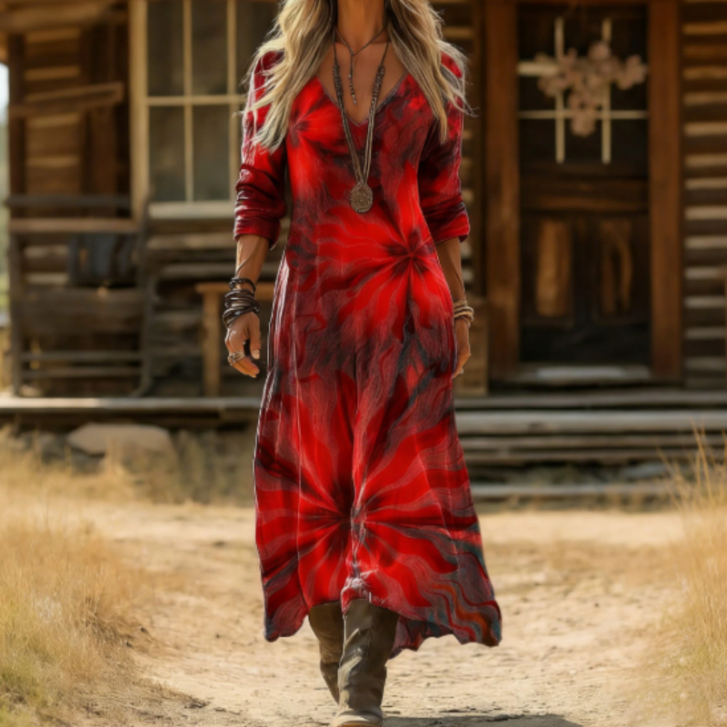 Boho Tie-Dye Swirl Print V-Neck Long-Sleeve Maxi Dress