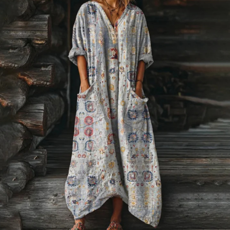 Light Grey Ethnic Pattern V-Neck Maxi Dress