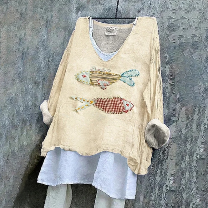 Women's Japanese Style Stitched Fish Art Pattern Vintage Linen Shirt