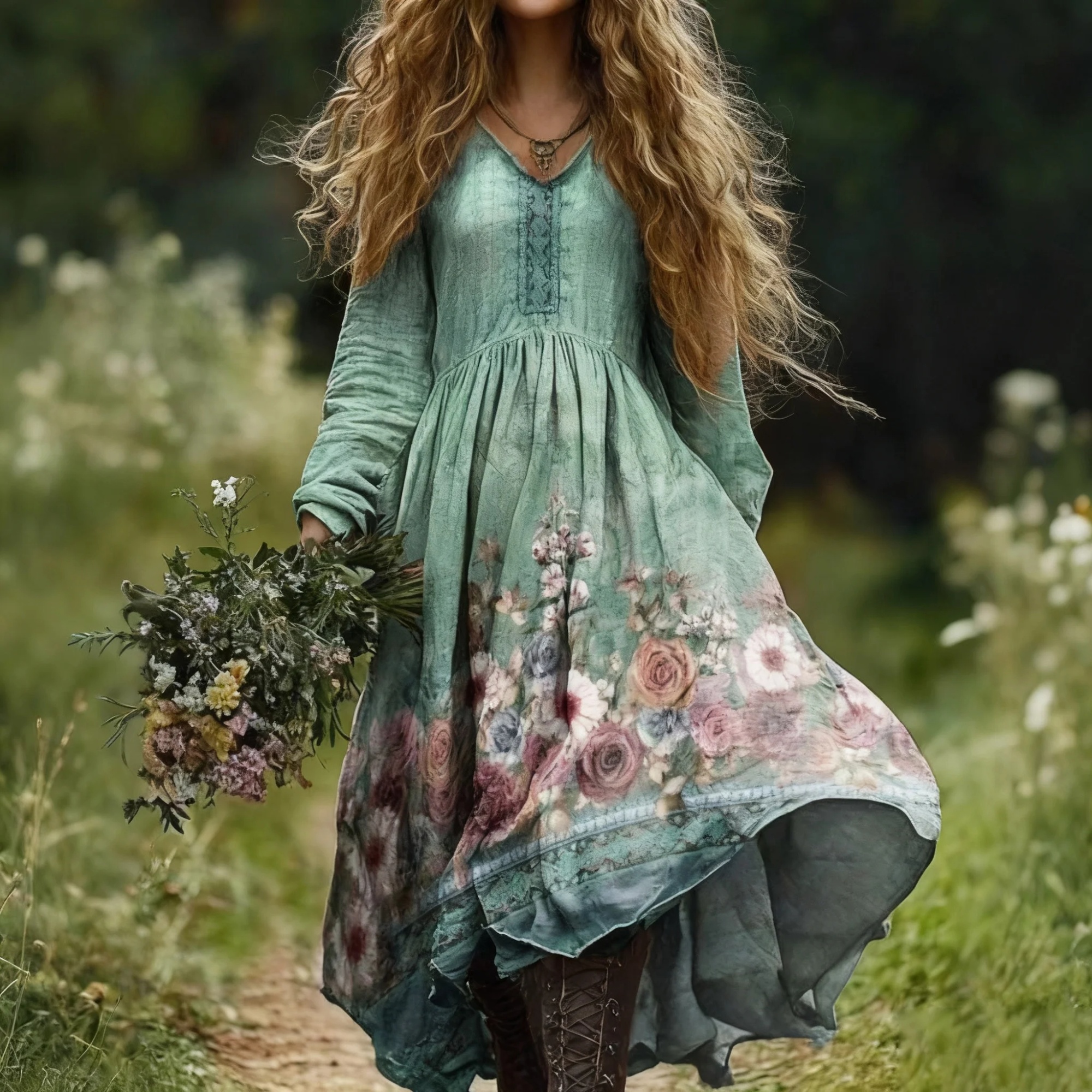 Vintage Oil Painting Floral Art Printed Women's Long Sleeve V-Neck Dress