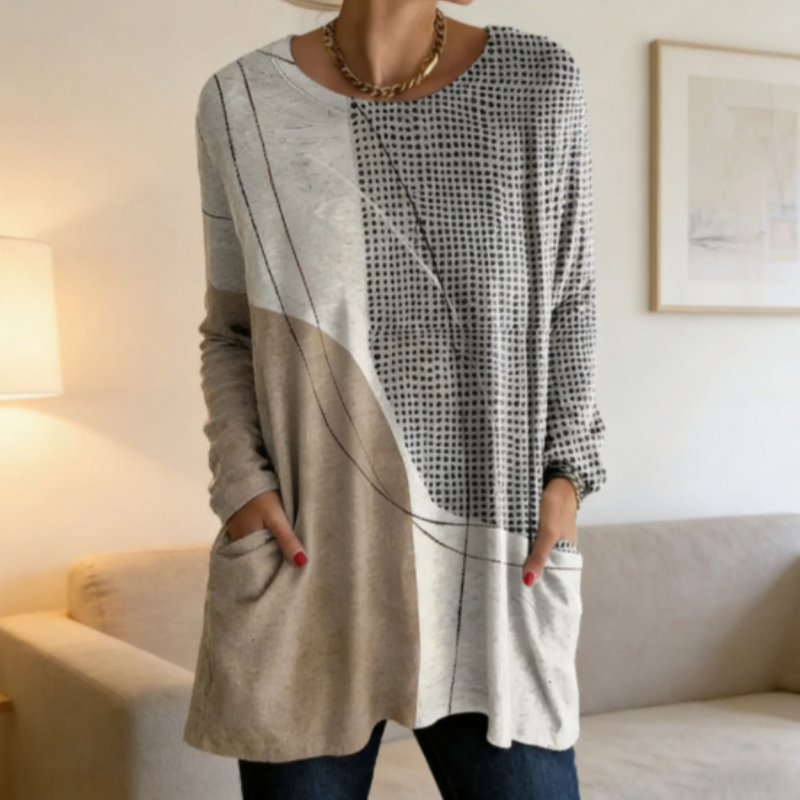 Khaki Gray Geometric Paneled Round Neck Loose Pocket Long Sleeve Top