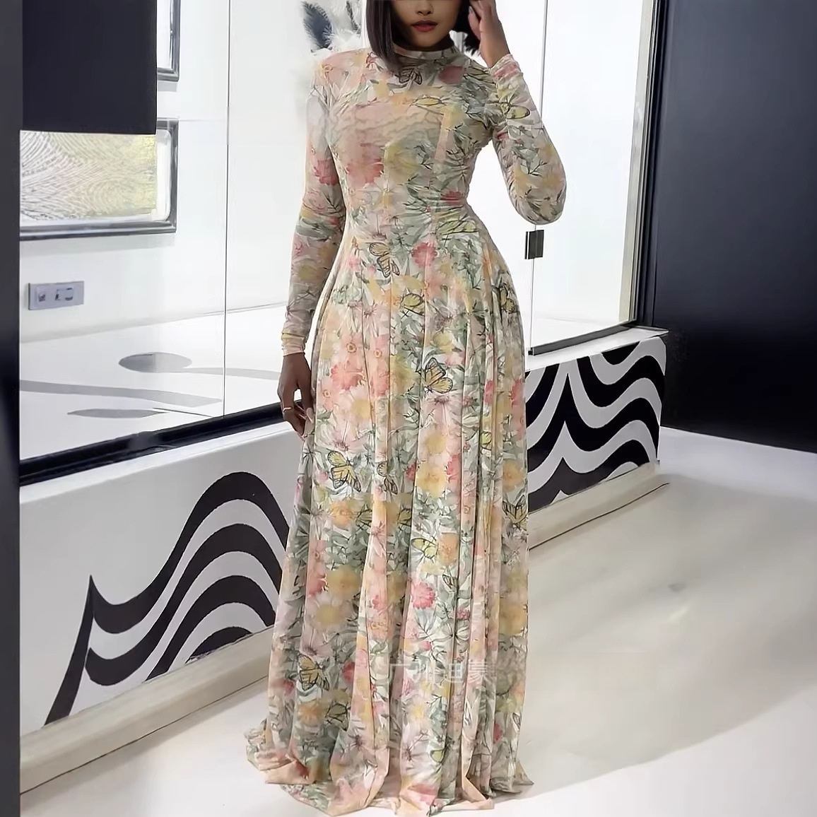 Womens Clothing Figure-hugging Slimming A-line Skirt With A High Neck And Long Dress