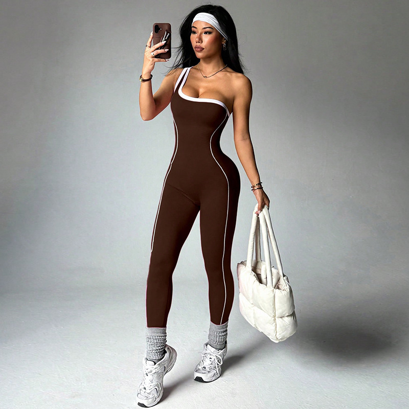 Womens Fashionable One-Shoulder Strappy Sports Jumpsuit