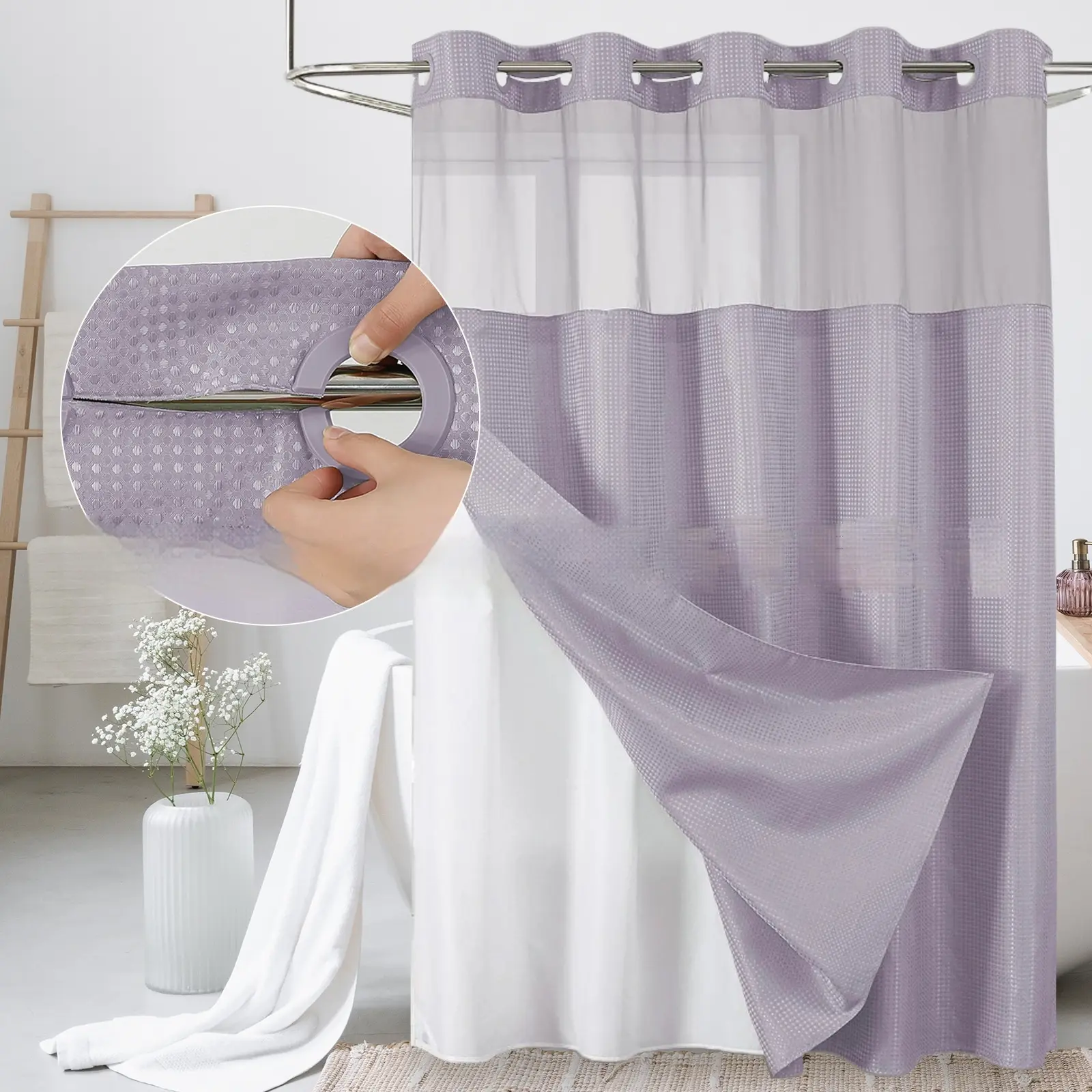 Solid-color Waffle-patterned Double-layer Large-loop-lined Shower Curtain