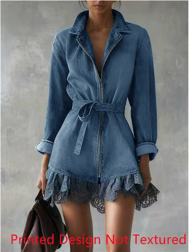 Lace-paneled Waist-cinching Zippered Denim Dress