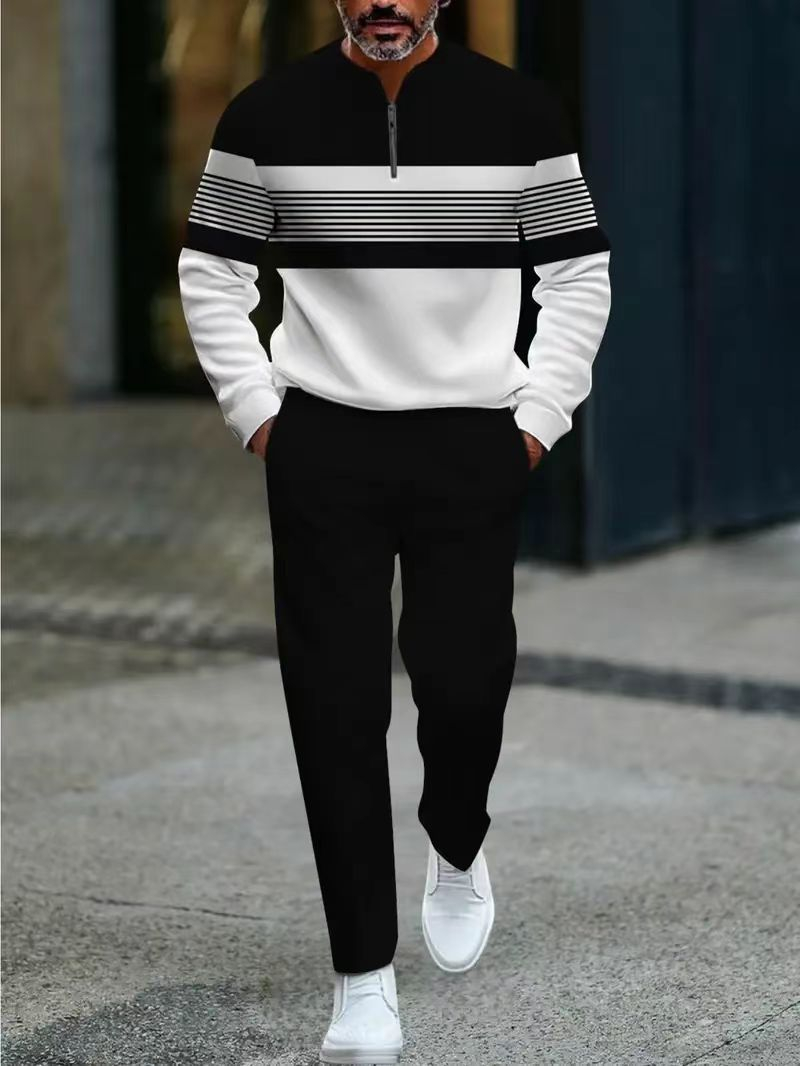 Mens Casual Fashion Long-Sleeve Top And Pants Set With A Half-Open Placket And Zipper