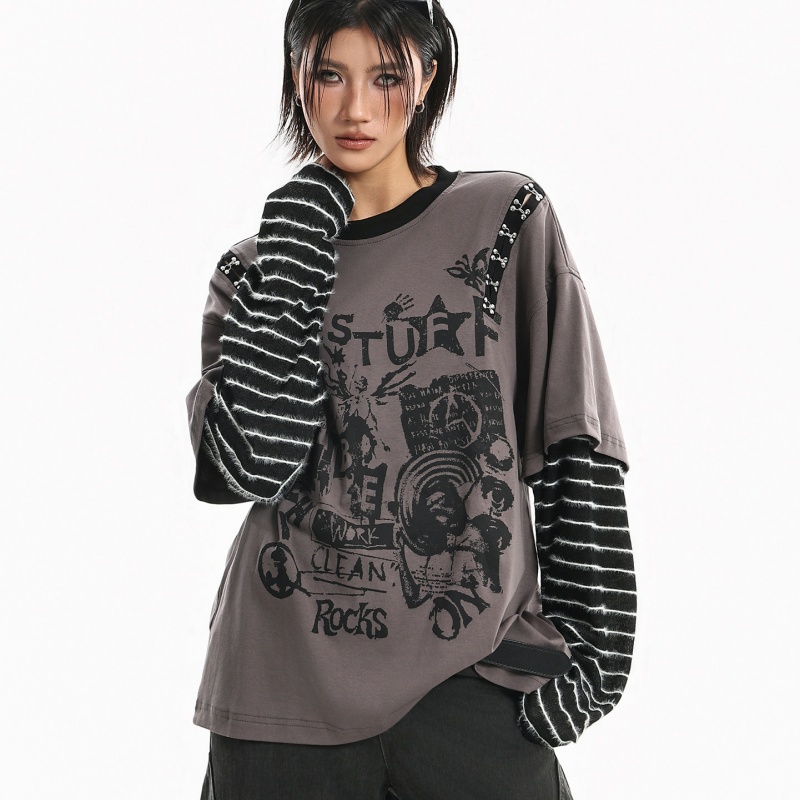 American-style Retro Letter-print Striped Long-sleeve Top