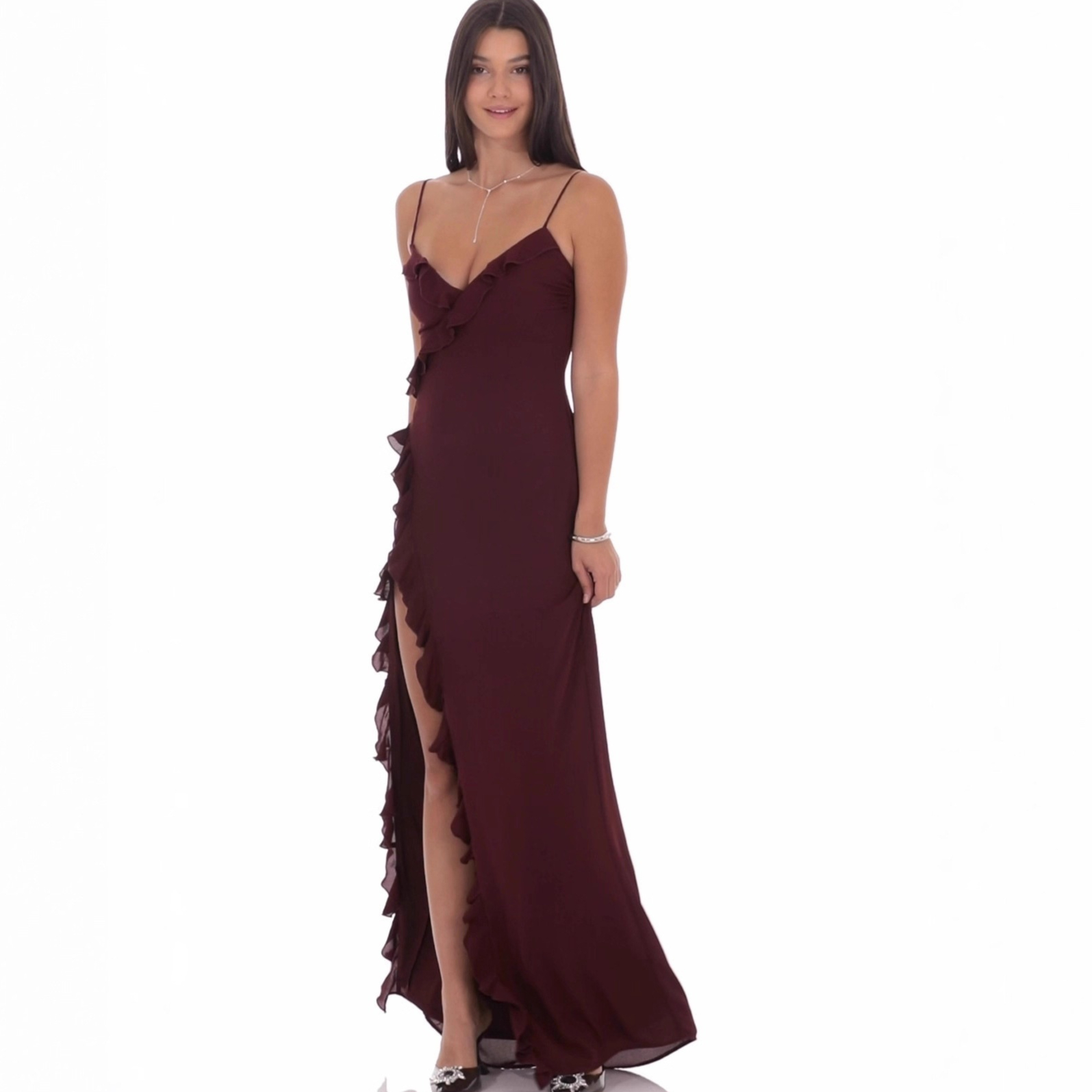 Womens Fashion V-Neck Ruffle-Trim Slit Backless Slip Dress