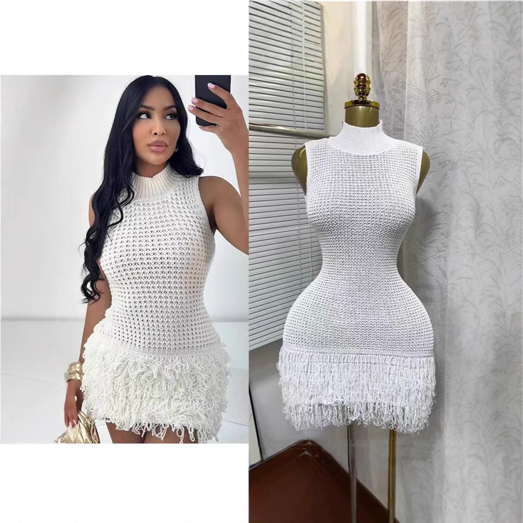 Sleeveless Tassel Hollowed-Out Bodycon Stretchy Dress