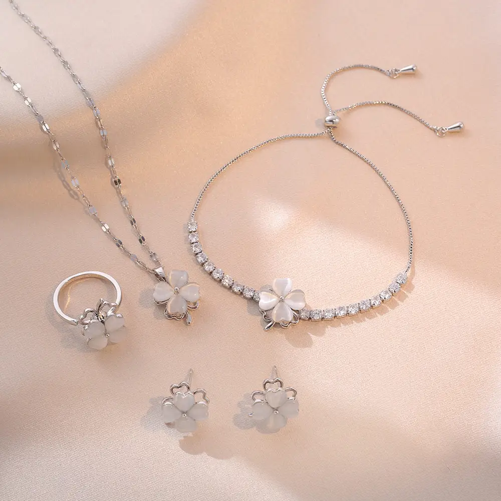 Four-Leaf Clover Cats-Eye Rotatable Jewelry Set