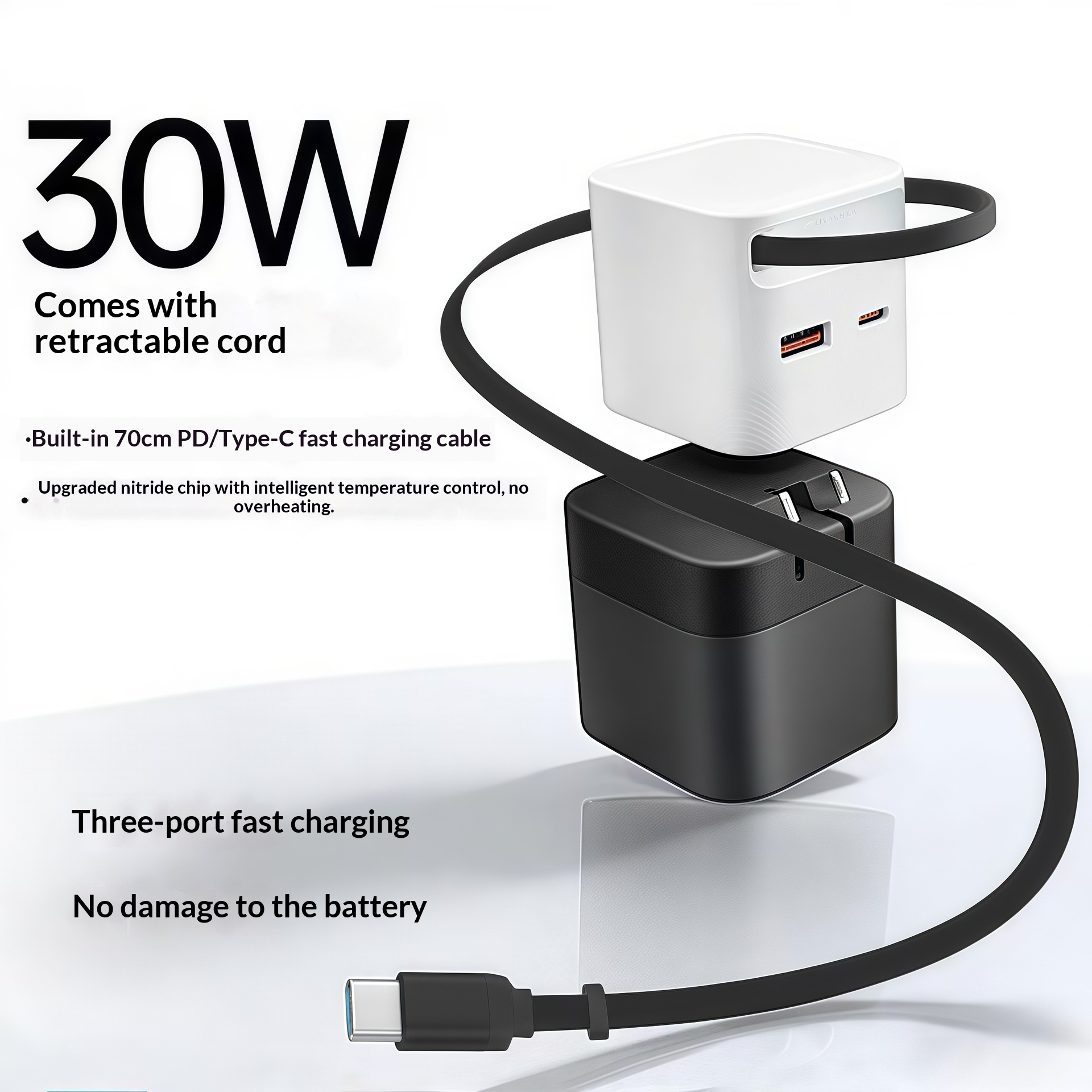 30W GaN Retractable Fast Charger Compatible With AC Multi-port Chargers