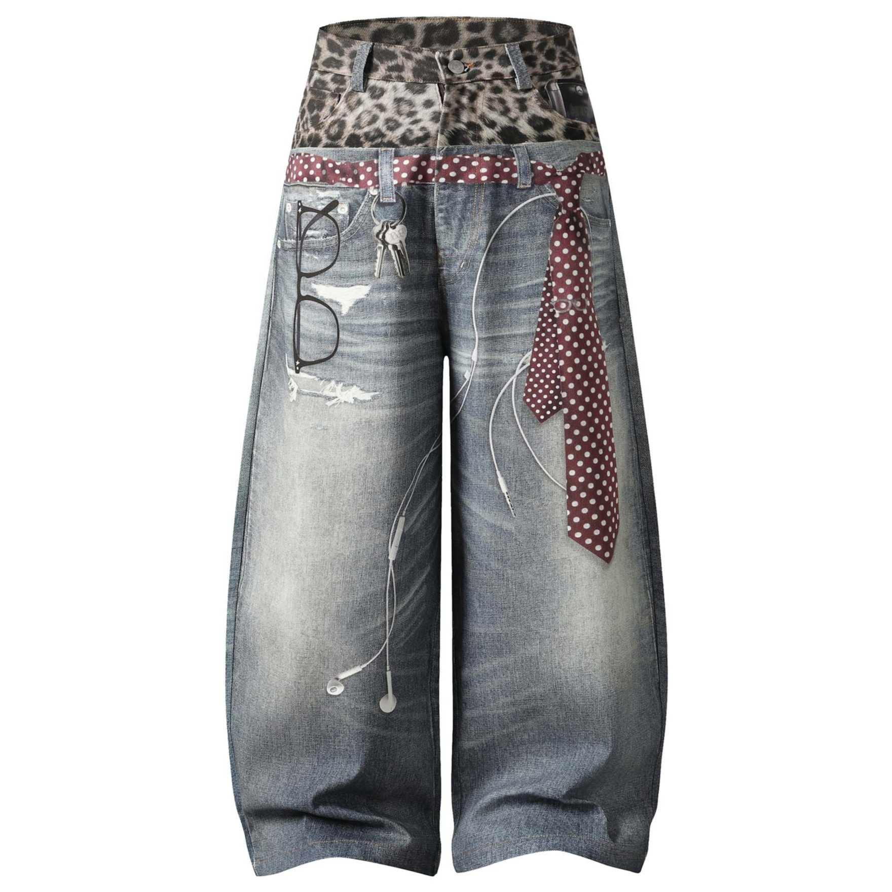 Leopard-print, Two-piece-look Washed And Distressed Denim Jeans