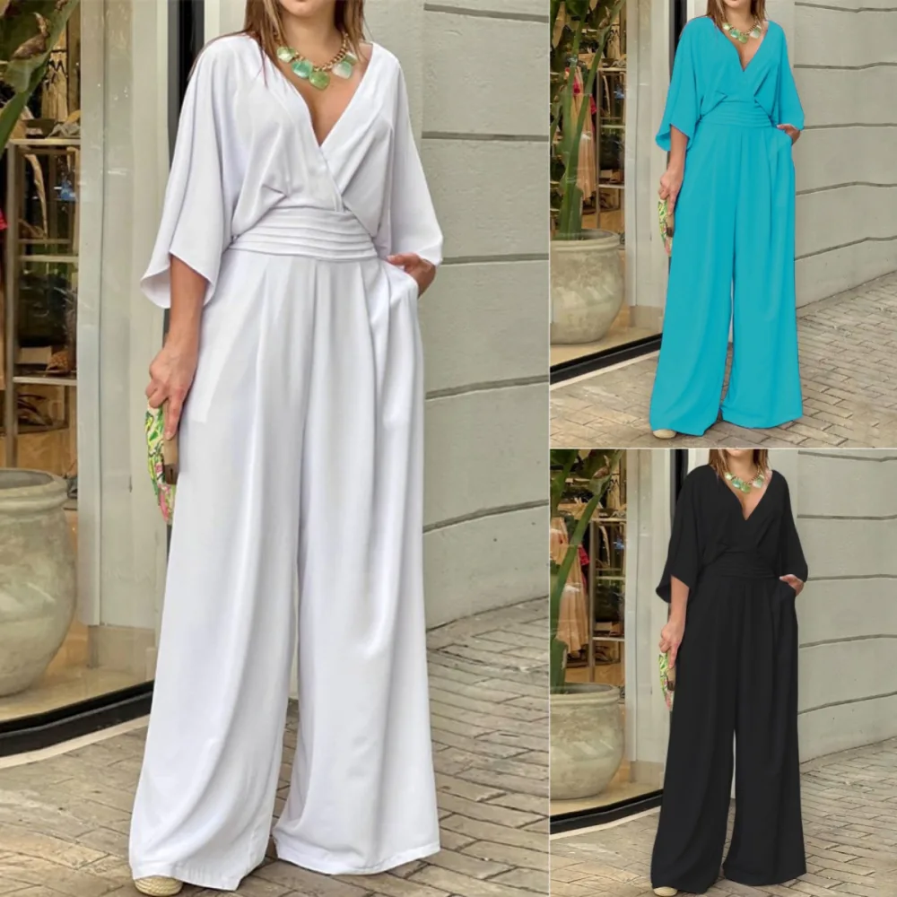 Women's Jumpsuit V-neck Solid Color Summer Trendy Fashion Short-sleeved