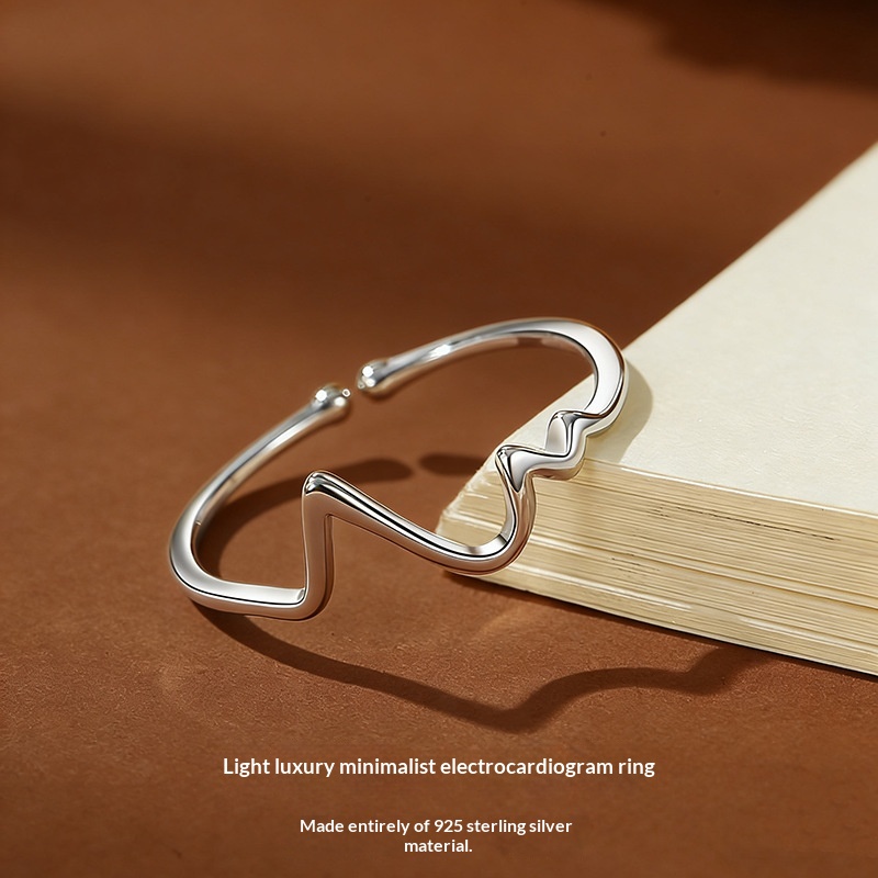 S925 Sterling Silver ECG Ring For Women Adjustable Band