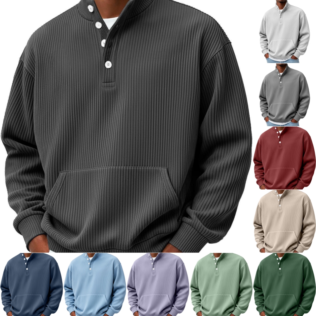 Mens Solid-Color Turtleneck Casual Long-Sleeve Polo Sweatshirt With Pockets For Men Spring Autumn Clothing Loose Button Polo Collar Tees Tops Man Outwear - Image 13
