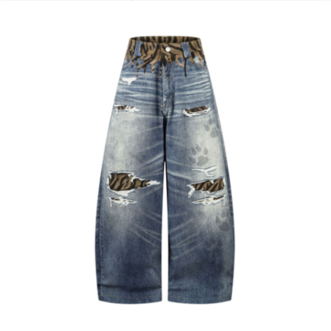 Womens Casual Denim Jeans With Leopard Print
