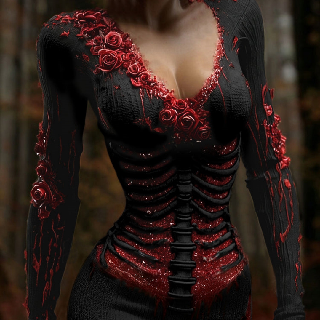 New Digital Dress With A V-neck And Long Sleeves
