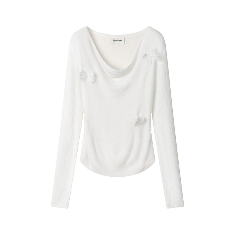 Sweet Pink 3D Butterfly Age-Reducing Knitted Top Long-Sleeve T-Shirt That Slims And Flatters Your Figure