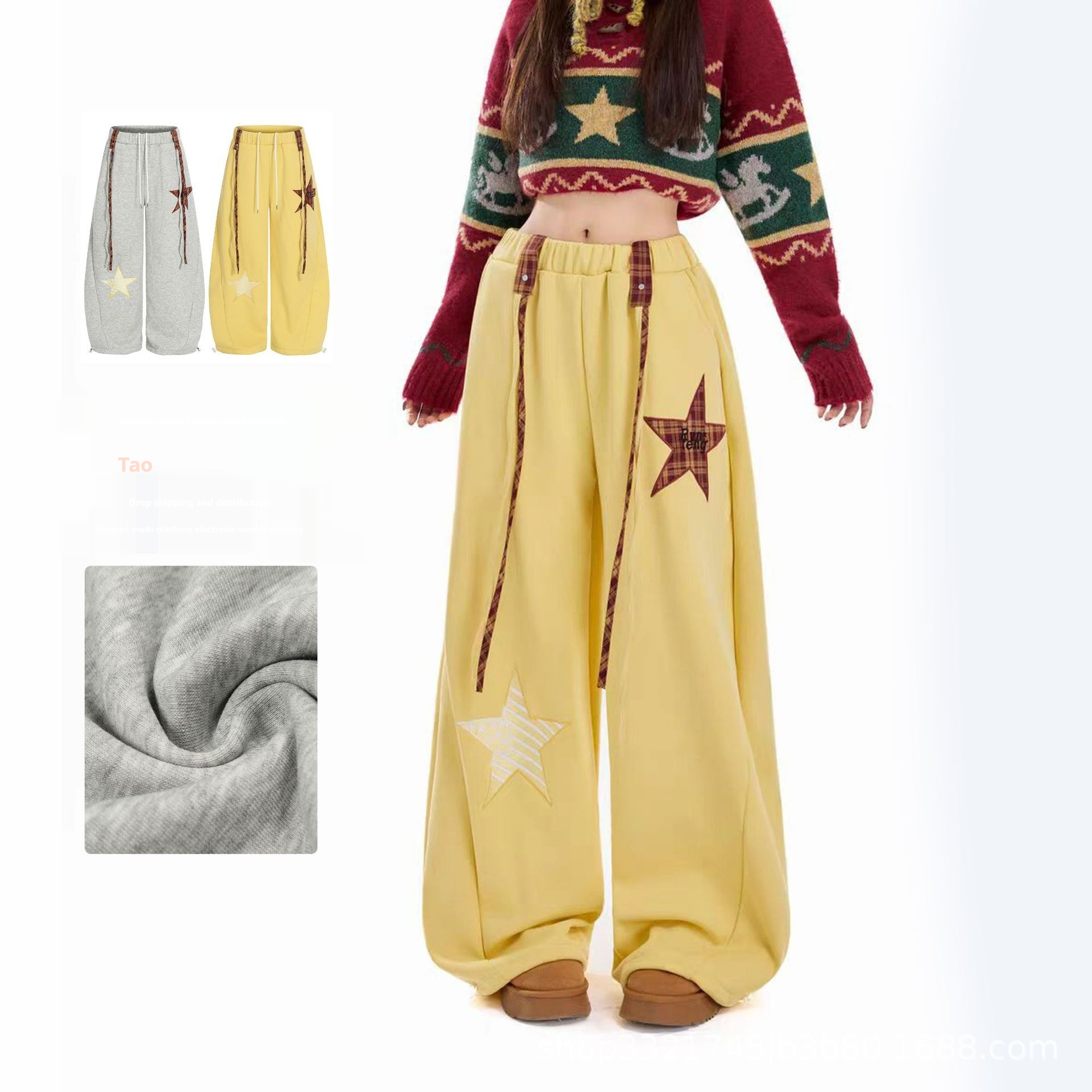 Starry Embroidery Fleece Lined Casual Pants For Women Loose Fit Trousers