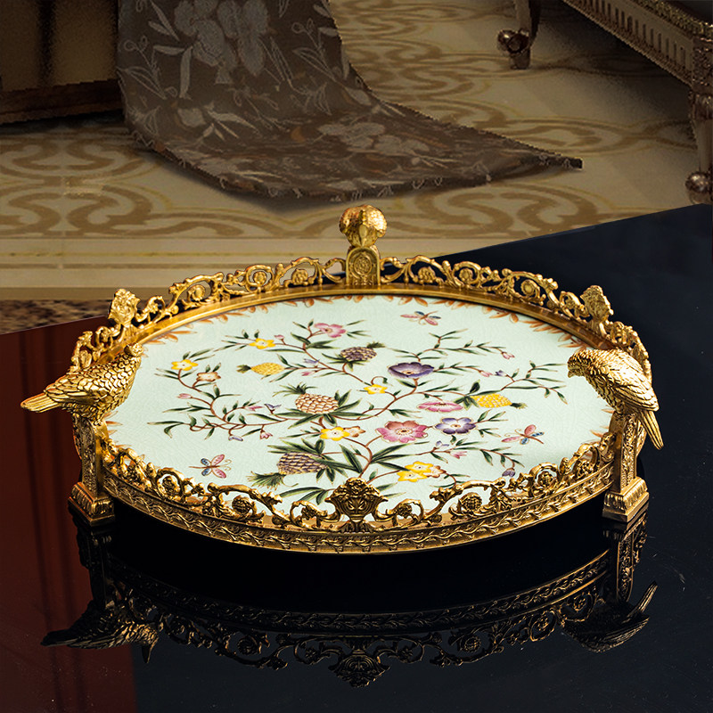 French-style Hand-painted Ceramic Fruit Bowl With Copper Accents For Decorative Display