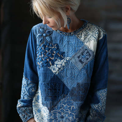 Womens Retro Bohemian Rose-Embroidered Loose Linen Top