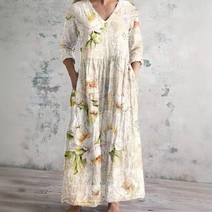 Womens Loose Stylish V-Neck Printed Dress