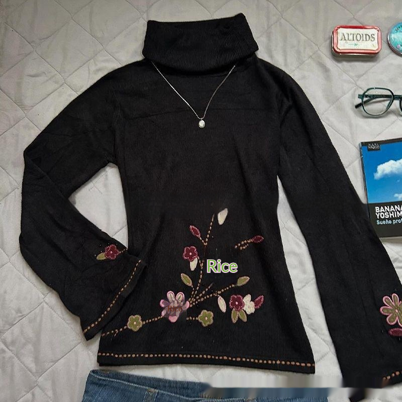 Retro Artistic Floral Print Mock-Neck Long-Sleeve Sweater For Women