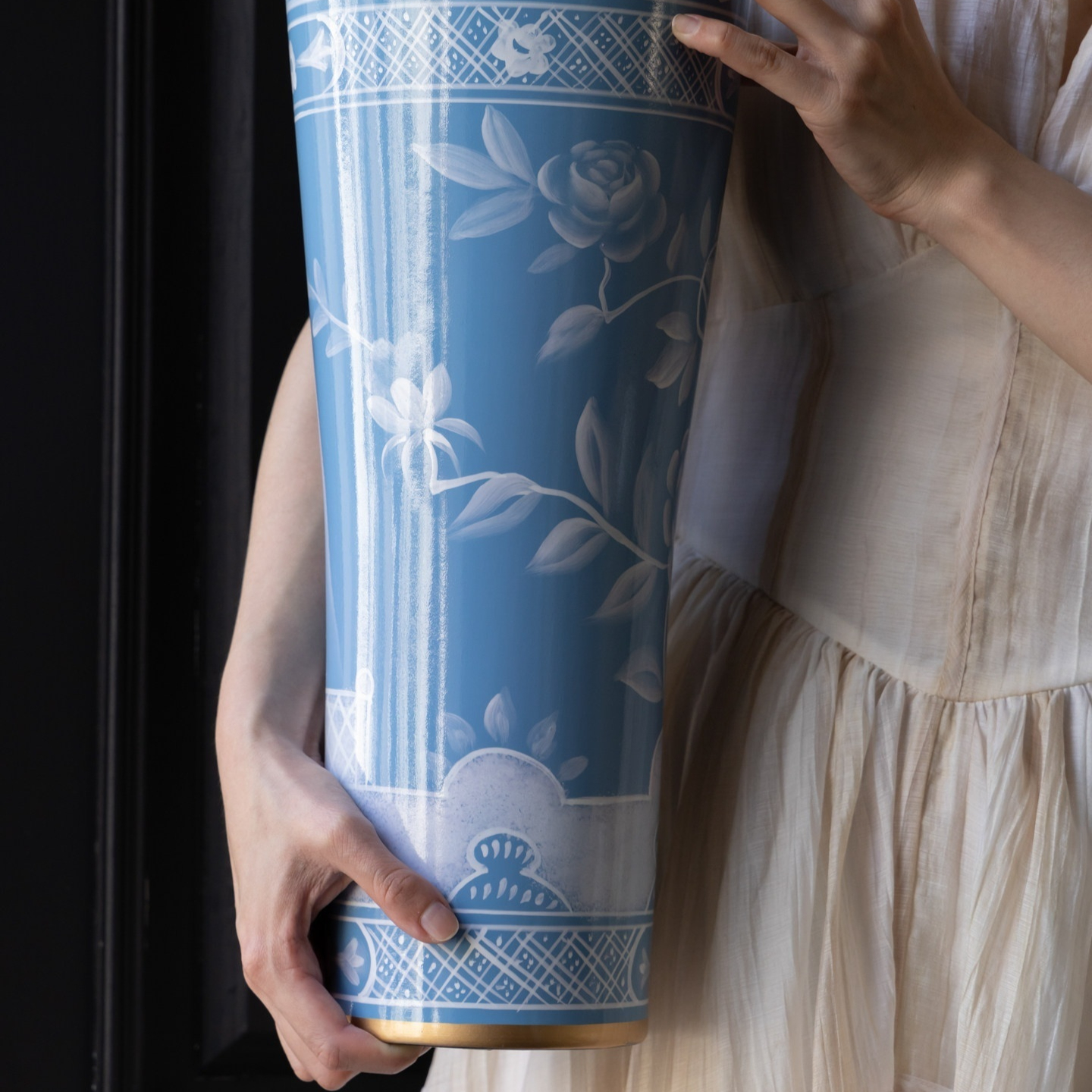 Hand-Painted Ink-Wash Peony Vase In Misty Azure Tone