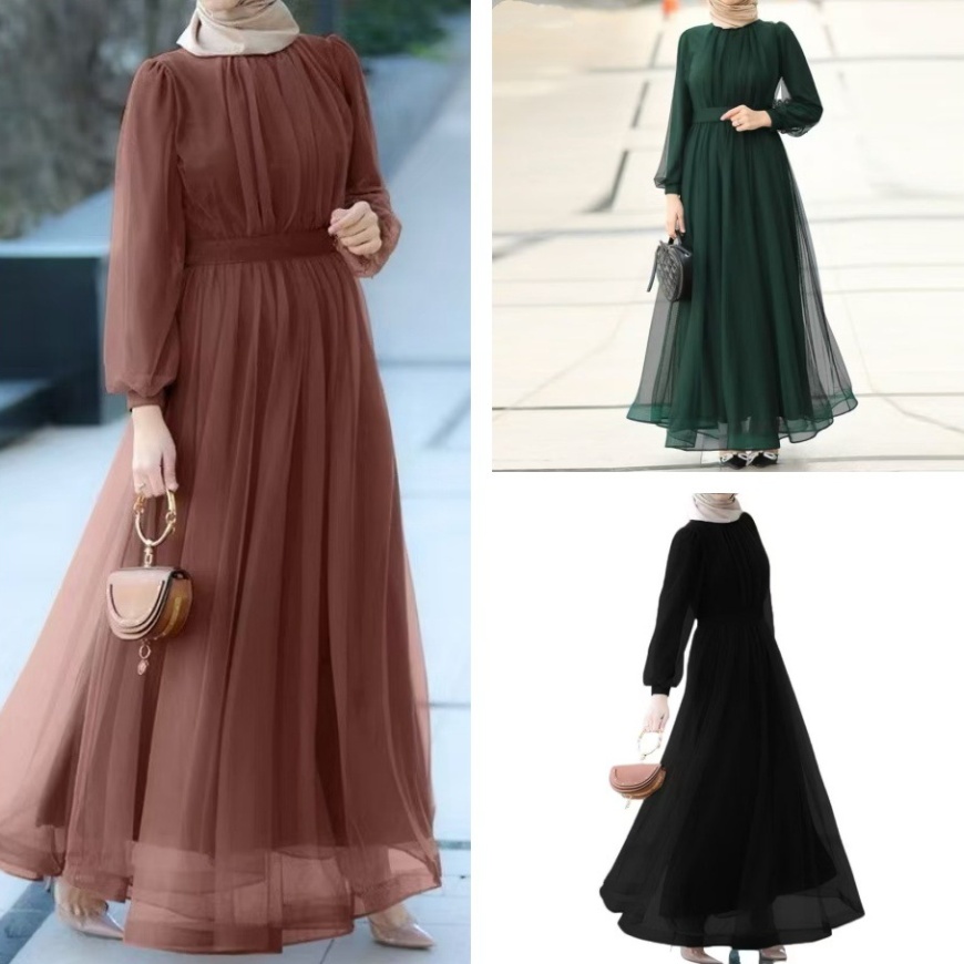 Elegant Double-layered Pleated Mesh Dress With Long Sleevesstylish And Casual