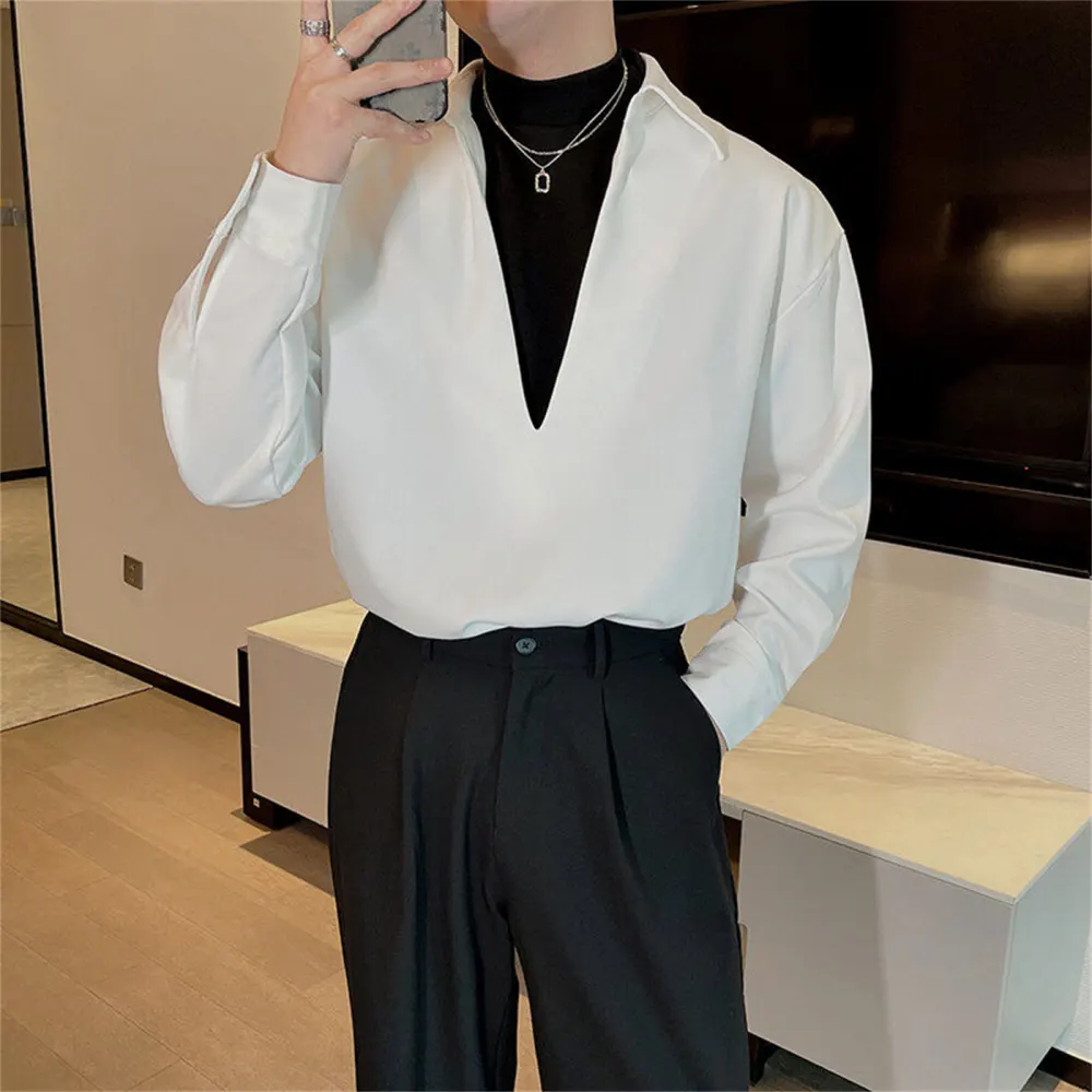 Handsome Man with Deep V-neck and Long Sleeve Shirt