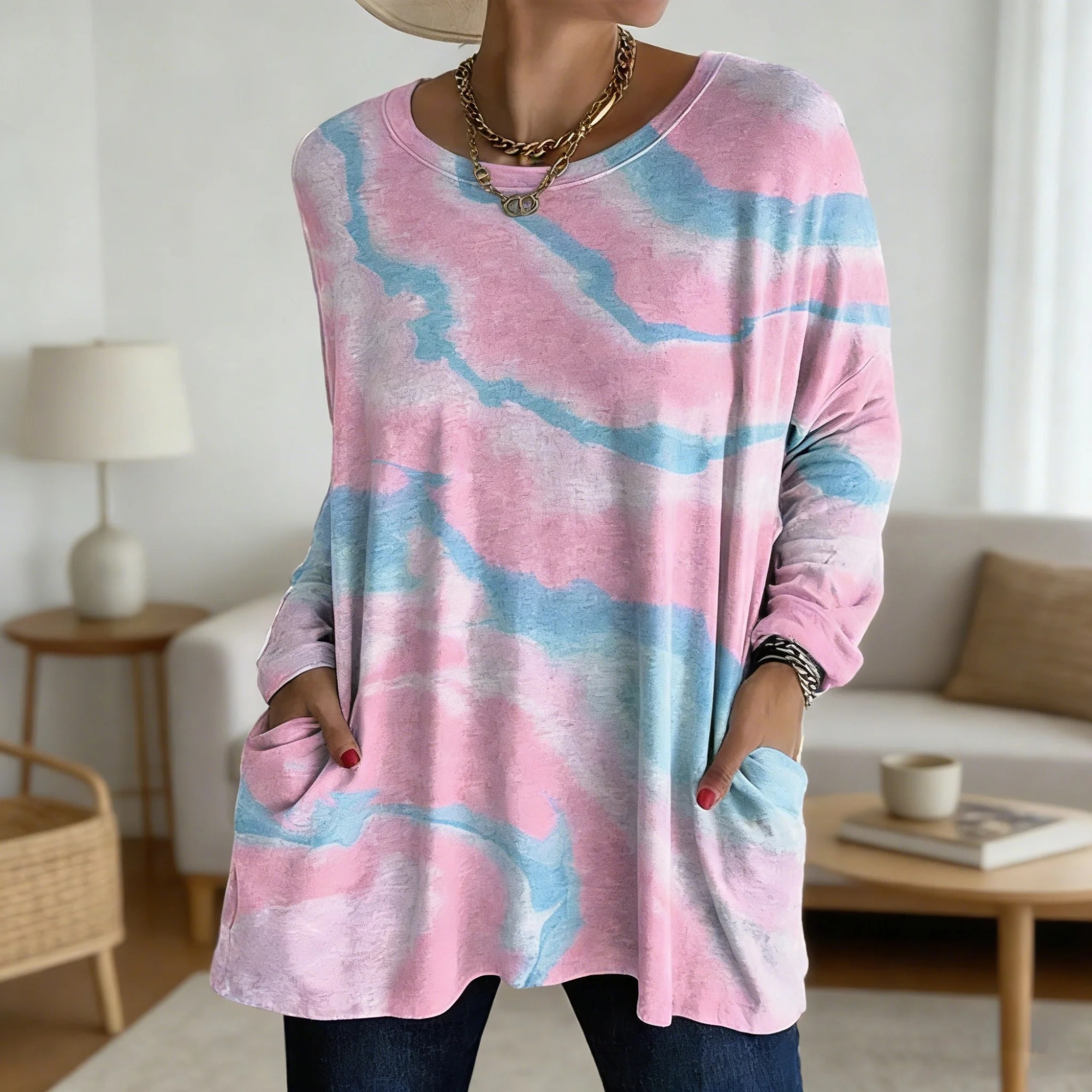 Gradient Tie-Dye Print Round Neck Loose Fit Pocket Long Sleeve Tunic Top