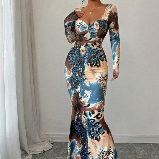 Long-sleeved Printed Dress With A Tie-front Design At The Chest