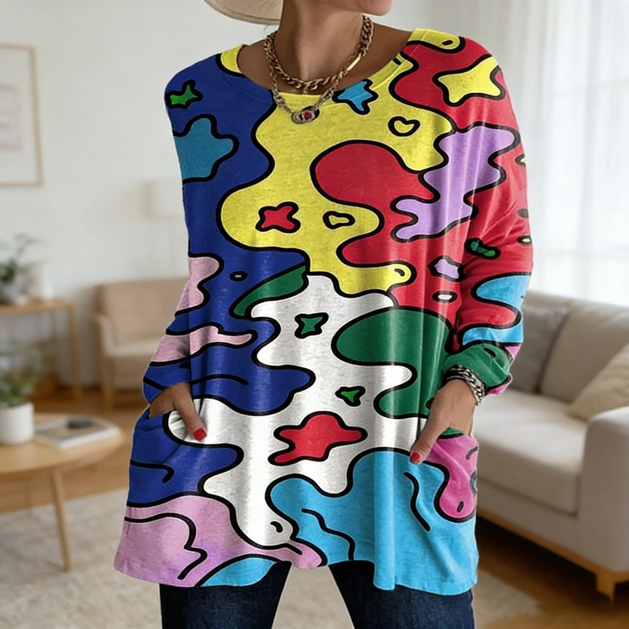 Bold Cartoon Fluid Graffiti Print Round Neck Loose Fit Pocket Long Sleeve Tunic Top