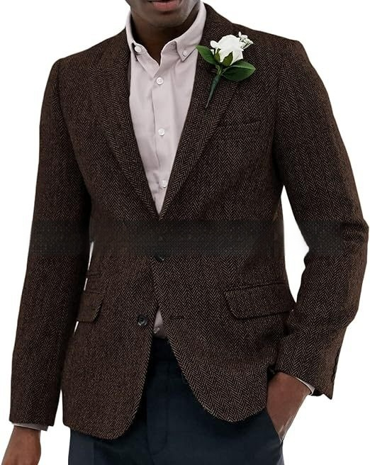 Mens Brown And Gray Herringbone Wool Suit Jacket