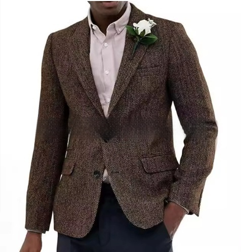 Mens Brown And Gray Herringbone Wool Suit Jacket