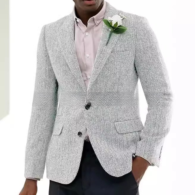 Mens Brown And Gray Herringbone Wool Suit Jacket