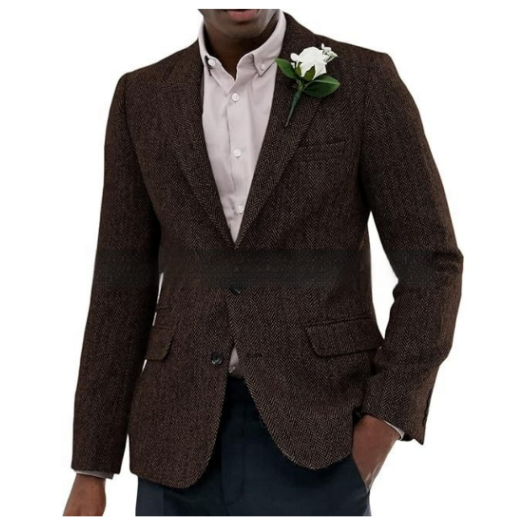 Mens Brown And Gray Herringbone Wool Suit Jacket