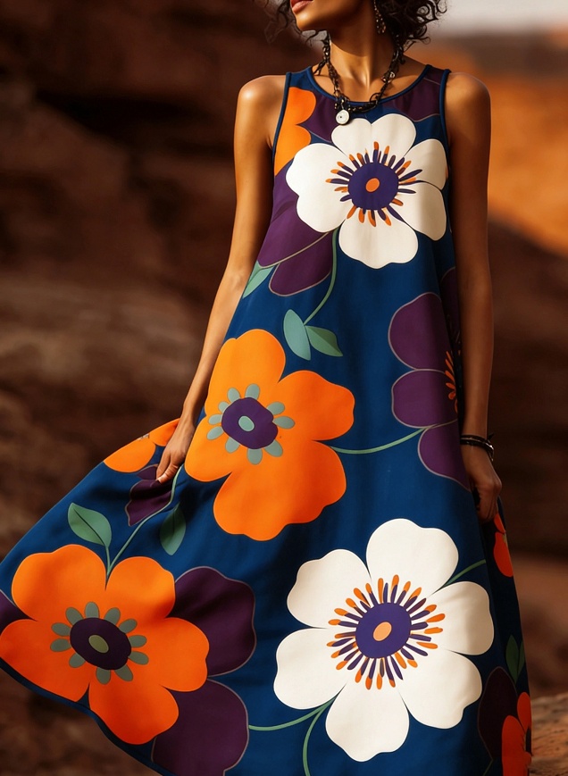 Women's Bohemian Retro Floral Print Round Neck Sleeveless Loose Long Dress