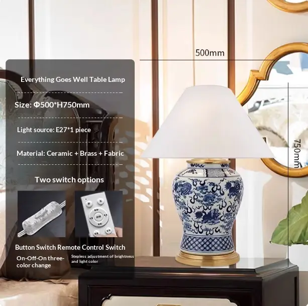 Hand-Painted Blue-and-White Porcelain Everything Goes As You Wish Chinese-Style Luxury Villa Art Brass Table Lamp