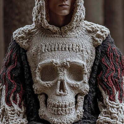 Dark Edgy Printed Pullover Hoodie With A Retro Chunky-knit Sweater