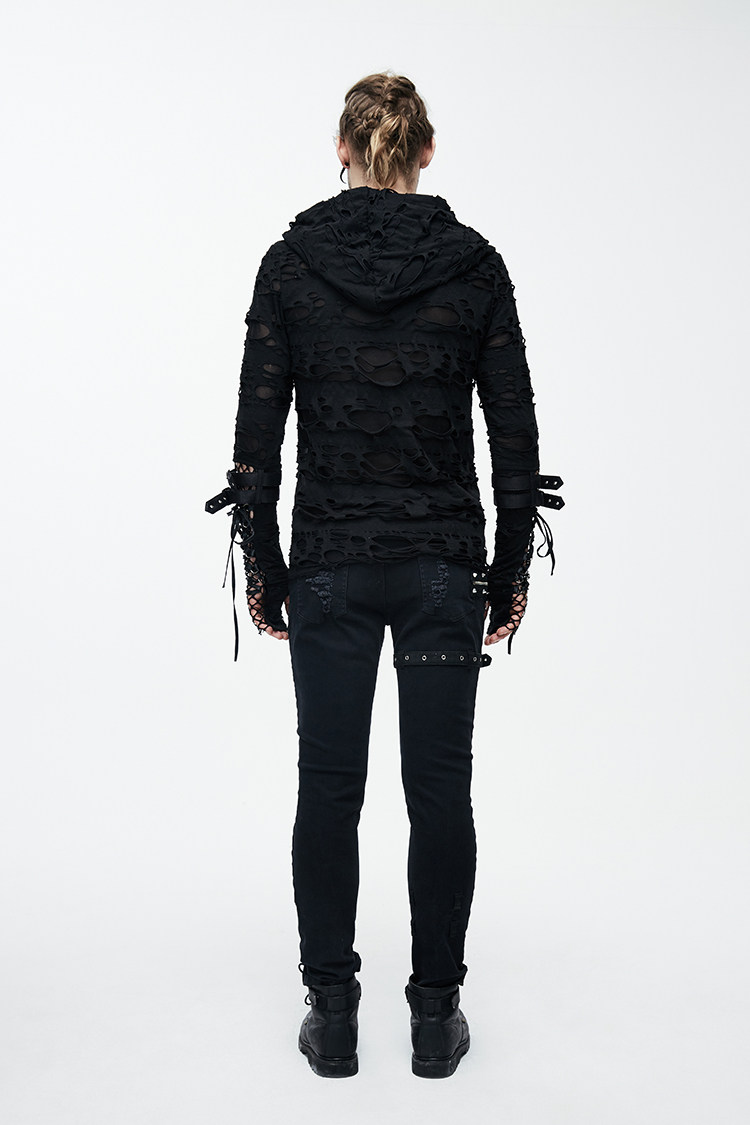 Mens Edgy Distressed Cropped Top With Hollowed-out Details And Long Sleeves