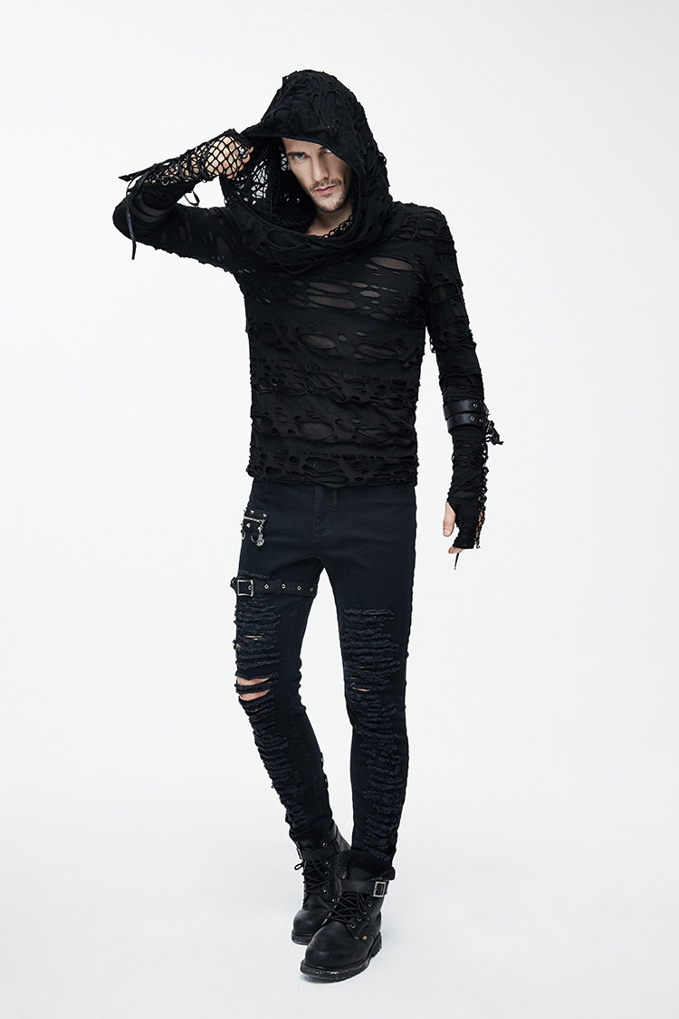 Mens Edgy Distressed Cropped Top With Hollowed-out Details And Long Sleeves