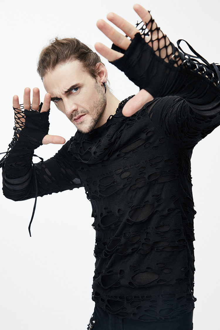 Mens Edgy Distressed Cropped Top With Hollowed-out Details And Long Sleeves