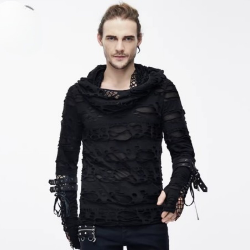 Mens Edgy Distressed Cropped Top With Hollowed-out Details And Long Sleeves