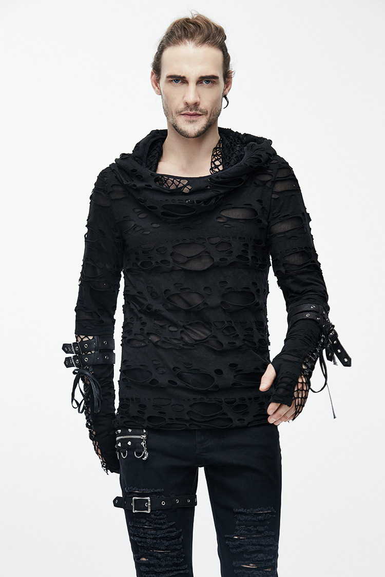 Mens Edgy Distressed Cropped Top With Hollowed-out Details And Long Sleeves