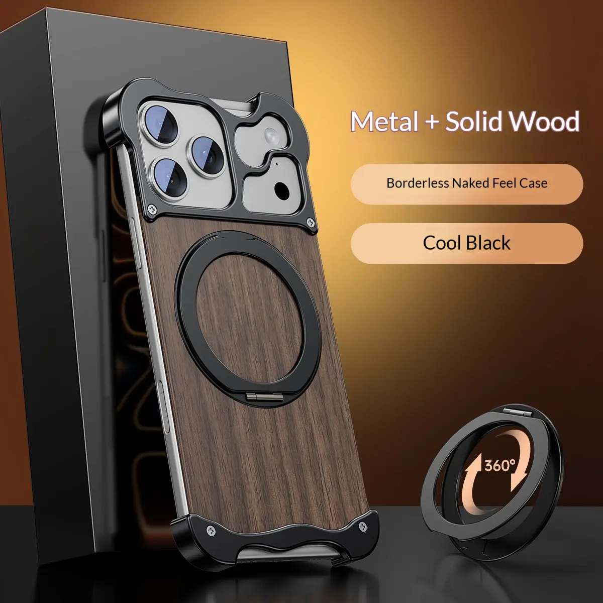 One-piece Shell With A Rotating Standsolid Wood And Metal Magnetic Phone Case