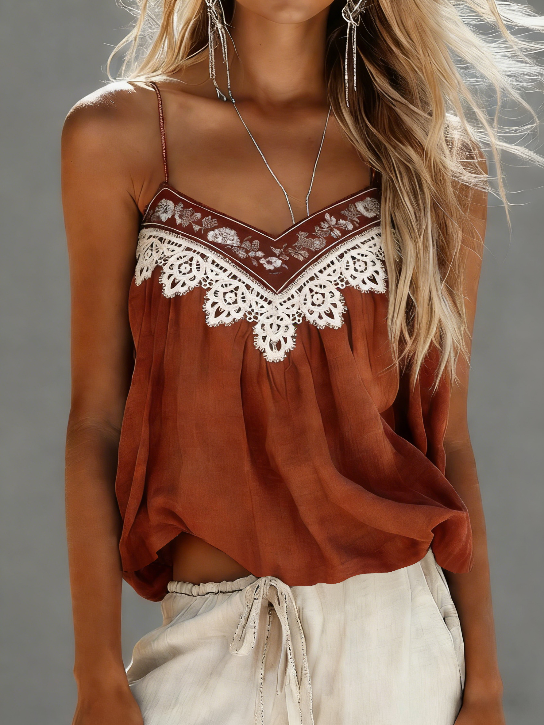 Women's Bohemian Retro Color Block Lace V-Neck Loose Camisole